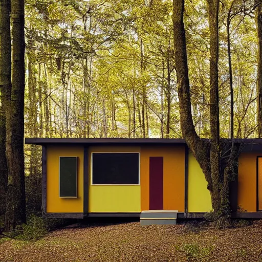 Prompt: architecture ad for a mid-century modern house in the middle of the wood designed by Norman Foster. Film grain, cinematic, colorized, yellow hue.