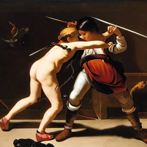 Image similar to two young girls fighting in an arena with swords, blood is splattering, highly detailed painting by the caravaggio 8 k