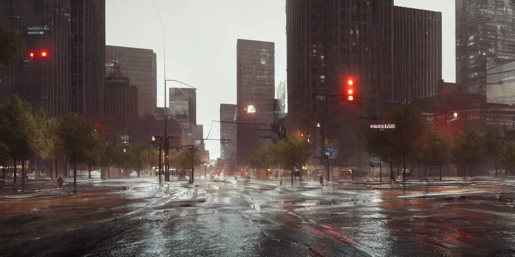 Prompt: egalitarian downtown denver with heavy rain, cinematic, ultra - realistic, ultra - detailed, octane render, unreal engine 5, depth of field