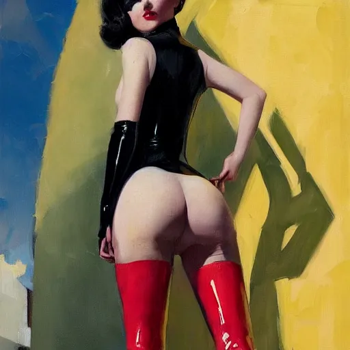 Image similar to greg manchess portrait painting of female wearing a latex suit as addison rae, medium shot, organic painting, sunny day, matte painting, bold shapes, hard edges, street art, trending on artstation, by huang guangjian and gil elvgren and sachin teng