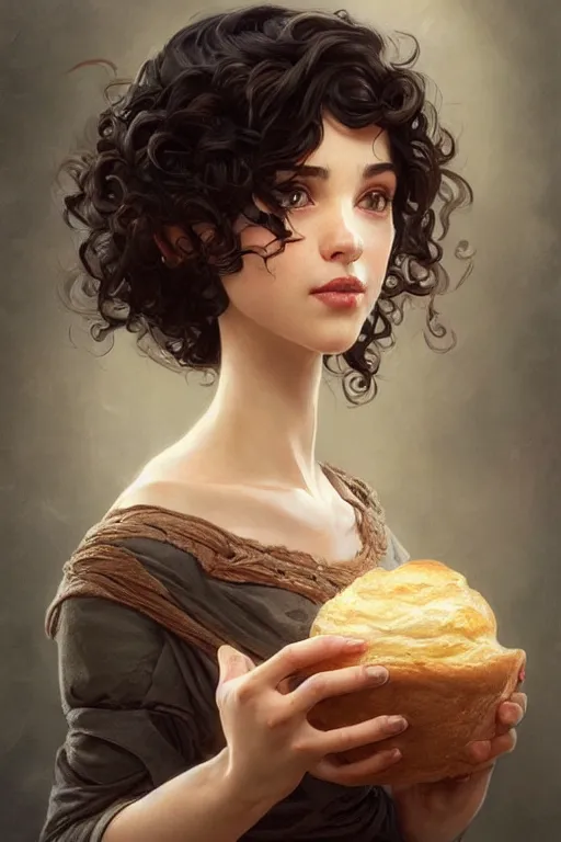 Prompt: beautiful goblincore of a girl with short black curly hair, round face, cute face, holding a loaf of bread. intricate, elegant. highly detailed, digital painting, artstation, concept art, smooth, sharp, focus, illustration. . art by artgerm and greg rutkowski and alphonse mucha