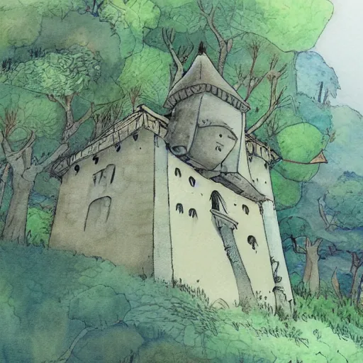 Image similar to laputa castle in the sky hayao miyazaki stands in a small clearing among trees, watercolor illustration for a book