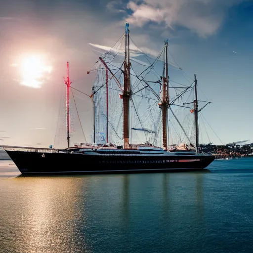 Prompt: fantasy ship sailing through auckland Harbor, futuristic neon