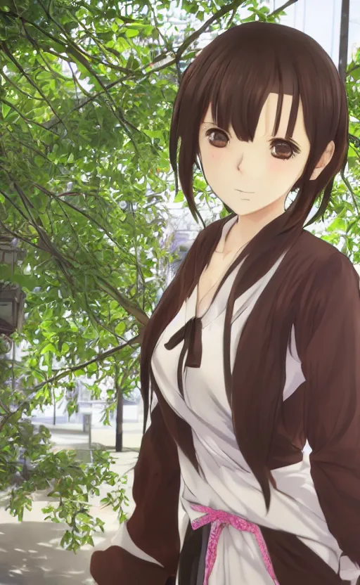 Image similar to anime style, gta 5, portrait of girl, yukata clothing, sakura tree in background, brown short hair, hair down, symmetrical facial features, from arknights, hyper realistic, happy eyes, extreme detail, 4 k drawing, safebooru, realistic lighting, by alphonse mucha, greg rutkowski, sharp focus, backlit