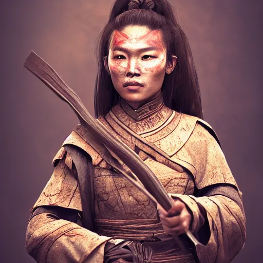 Image similar to a portrait of a female Mongolian warrior, rustic and weathered, holding a bow, retro, with a scar on her face. trending on artstation, ambient lighting, 4k render, ultra hd, behance art