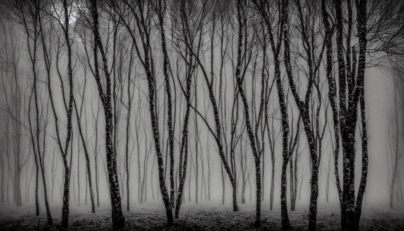 Image similar to birch forest, evening, blizzard, winter, dark, atmospheric, scary, claustrophobic, ambient vibe, very detailed, black and white, 4 k