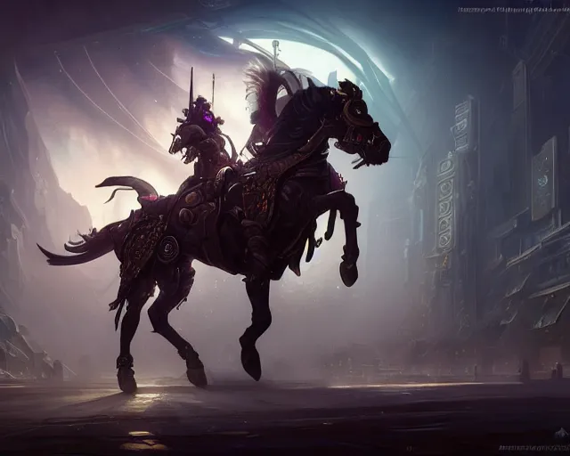 Prompt: horse mount cyberpunk, deep focus, d & d, fantasy, intricate, elegant, highly detailed, digital painting, artstation, concept art, matte, sharp focus, illustration, hearthstone, art by artgerm and greg rutkowski and alphonse mucha