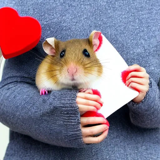 Prompt: detailed photo of a hamster holding a valentine's letter, various poses, full body, unedited, daylight, dof, sharp focus, 8 k