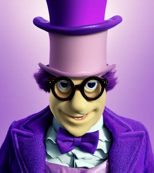 Prompt: Willy Wonka as a Muppet, product shot, macro, hyper realistic, symmetrical face, intricate, face, elegant, light purple mist, highly detailed, cityscape, dramatic lighting, sharp focus, octane render, raytracing, trending on artstation, deviantart, artstationHD, artstationHQ, unreal engine, 4k, 8k