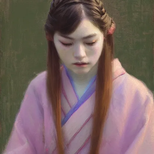 Prompt: girl with pigtails, in kimono, closeup portrait frontview, ethereal, jeremy lipking, tim rees, joseph todorovitch