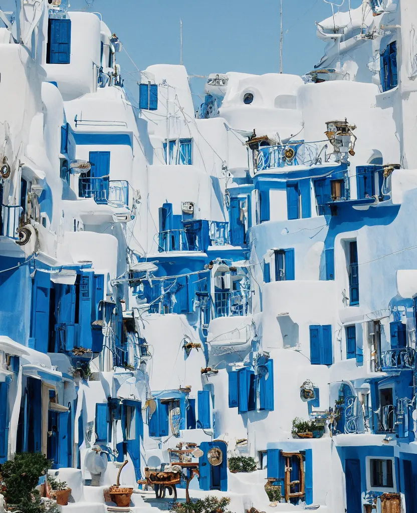 Prompt: studio ghibli white steampunk house with a blue roof, in mykonos, the greek isles, 35mm photography