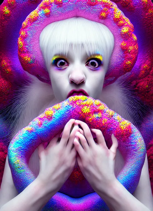 Image similar to hyper detailed 3d render like a Oil painting - kawaii portrait Aurora (white haired Singer Ferret) seen Eating of the Strangling network of yellowcake aerochrome and milky Fruit and Her delicate Hands hold of gossamer polyp blossoms bring iridescent fungal flowers whose spores black the foolish stars by Jacek Yerka, Mariusz Lewandowski, Houdini algorithmic generative render, Abstract brush strokes, Masterpiece, Edward Hopper and James Gilleard, Zdzislaw Beksinski, Mark Ryden, Wolfgang Lettl, hints of Yayoi Kasuma, octane render, 8k