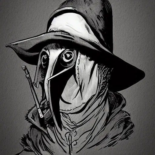 Image similar to a portrait of a plague doctor gunslinger, dark fantasy, horror, western, hell, ultrafine detailed digital pencil art by frank frazetta and vito acconci and and takeshi obata and mike mignola, death note style, colored, symetric body, cgsociety, sharp focus, cowboy shot, detailed face