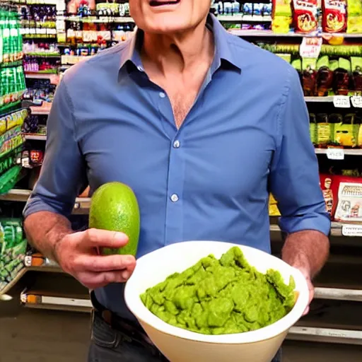 Prompt: dr mehmet oz proudly showing off his pregnant belly, holding guacamole, at the supermarket, sad face