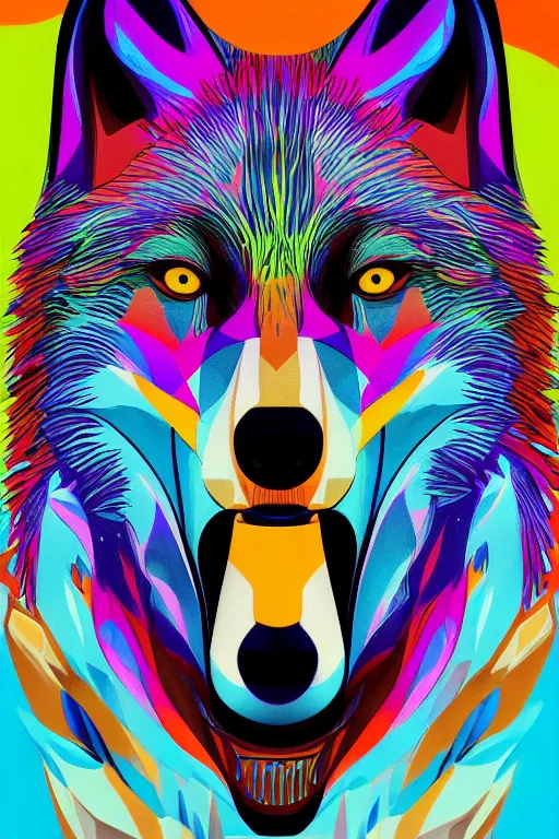 Image similar to Portrait of a wolf head. Acid trip colors, very geometrical, symmetrical, brutalist, cement, psychedelic colors, trending on artstation