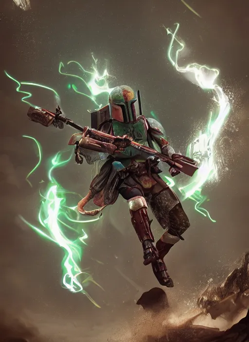 Image similar to arcane wizard x boba fett, 3 d digital art, character mashup, epic volumetric lighting, combination art, photorealistic