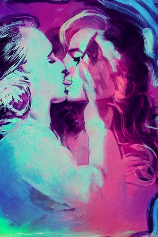 Prompt: Lana del rey kissing death sitting on the edge of the abyss, bottom up view, neon style, sharp blurry strokes