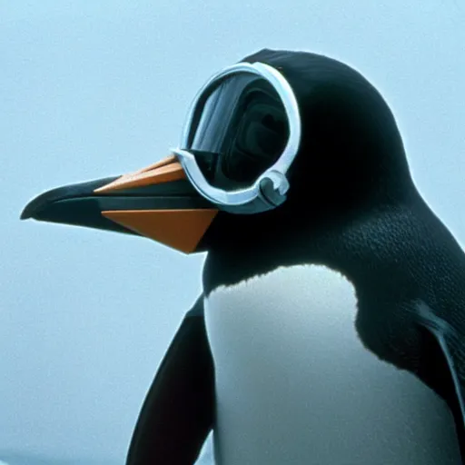 Image similar to a penguin wearing a gasmask, film still, arriflex 3 5