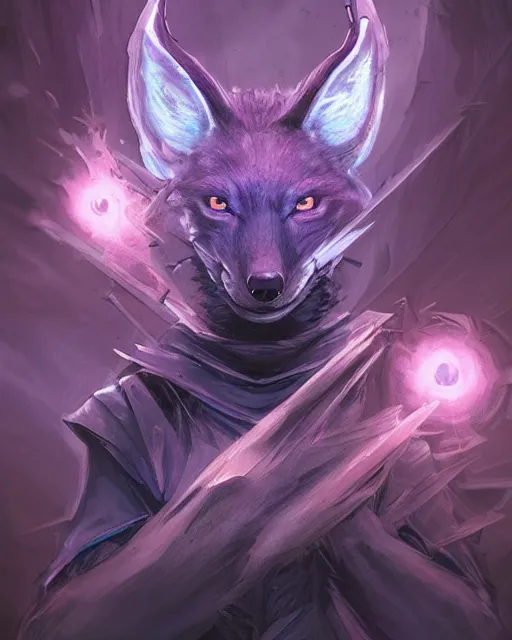 Image similar to Dark Fox Illusionist , portrait, casting blue and purple spell, magic the gathering artwork, D&D, fantasy, cinematic lighting, centered, symmetrical, highly detailed, digital painting, artstation, concept art, smooth, sharp focus, illustration, volumetric lighting, epic Composition, 8k, art by Akihiko Yoshida and Greg Rutkowski and Craig Mullins, oil painting, cgsociety