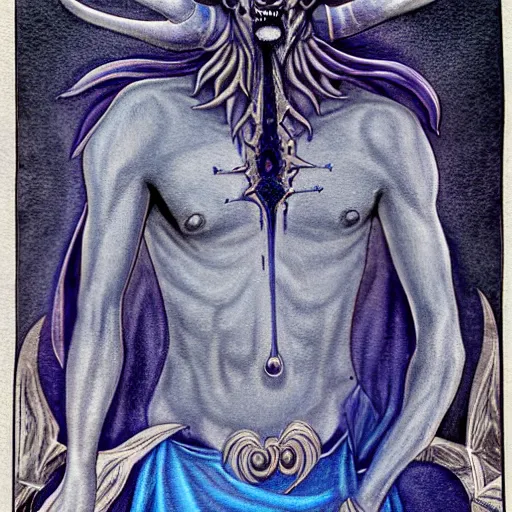 Prompt: blue djinn, horror, male, horns, 3rd eye