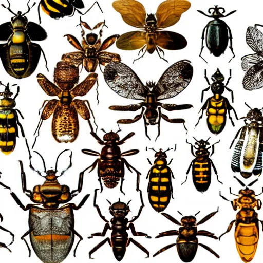 Image similar to a group of different types of insects on a white background, an illustration of by ernst haeckel, shutterstock contest winner, mingei, photoillustration, made of insects, wimmelbilder