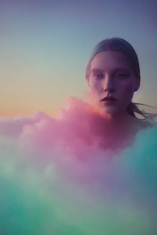 Image similar to high quality pastel coloured film close up wide angle photograph of a model wearing clothing swimming on cloud furniture in a icelandic black rock!! environment in a partially haze filled dreamstate world. three point light, rainbow. photographic production. art directed. pastel colours. volumetric clouds. pastel gradient overlay. waves glitch artefacts. extreme facial clarity. 8 k. filmic.