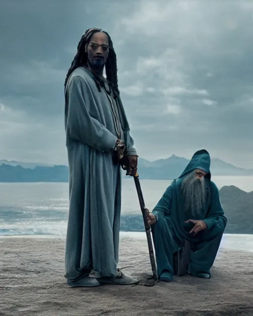 Image similar to Snoop Dogg in the role of Gandalf the Grey with his staff, film still, amazing short, 8K, IMAX, ultra detailed, Lord of the ribg