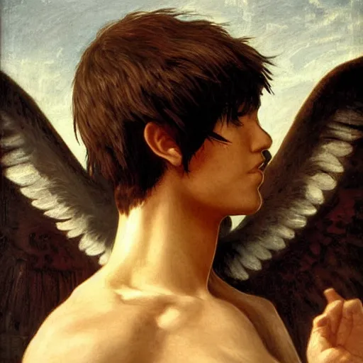 Image similar to a portrait of EREN YEAGER in the style of The Fallen Angel (1847) painting by Alexandre Cabanel