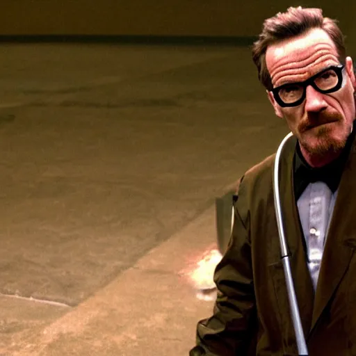 Prompt: Bryan Cranston as Gordon Freeman, holding a crowbar, in Freeman's suit, still from a movie