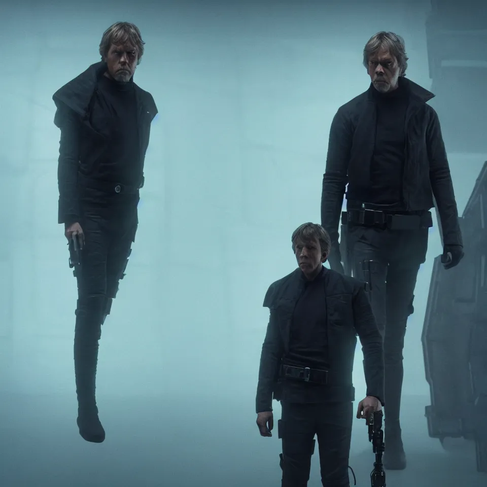 Prompt: Harrowing Luke Skywalker wearing cyborg gadgets in the style of Blade Runner 2049 (2017), without any lightsaber. Clear Hands. Clear body. Black Clothes. Rivendel Background. Cinematic. Professional Photo. UHD. 8k. Clear Face.