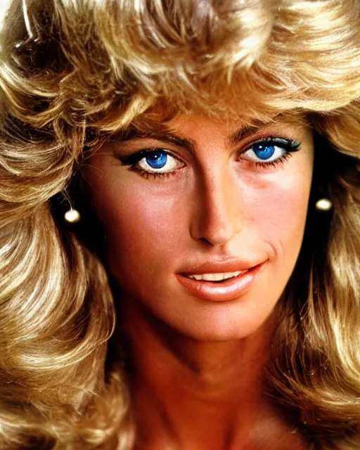 Image similar to closeup portrait of a beautiful young farrah fawcett in a sports illustrated photoshoot, rim lighting, glamour pose, hyper realistic, soft lighting,,, hd, octane, arney freytag!!!