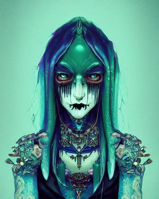 Image similar to portrait of funny blue and green eyes goth dark queen of the vampire council, intricate abstract. intricate artwork, by tooth wu, wlop, beeple, dan mumford. concept art, octane render, trending on artstation, greg rutkowski very coherent symmetrical artwork. cinematic, key art, hyper realism, high detail, octane render, 8 k, iridescent accents