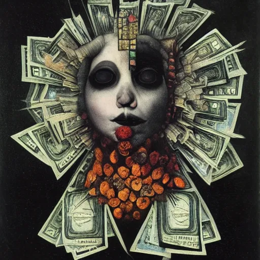 Prompt: post - punk new age album cover, asymmetrical design, dollar bank notes, capitalism, magic, apocalypse, psychedelic, black white pastel pink, slightly holographic, magic, giger h. r., giuseppe arcimboldo, peder balke