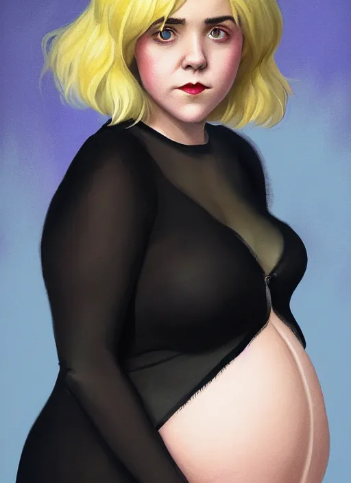 Image similar to full body portrait, kiernan shipka as sabrina spellman, white hair, obese, bangs, sultry, realistic, sultry smirk, fluffy bangs, curly bangs, fat, belly, intricate, elegant, highly detailed, digital painting, artstation, concept art, smooth, sharp focus, illustration, art by wlop, mars ravelo and greg rutkowski