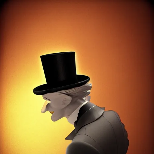Prompt: a stylized image of a man in a top hat, a 3D render by Arent Arentsz, deviantart contest winner, altermodern, black background, goth, dark