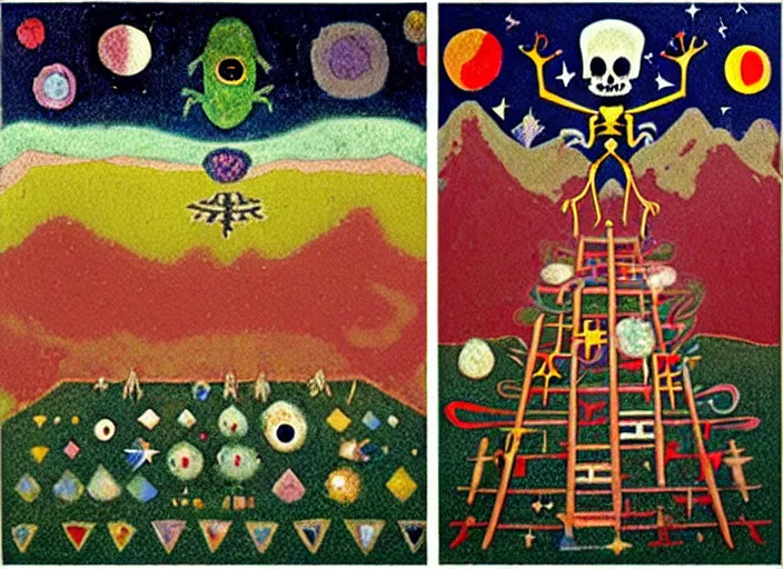 Prompt: pixel decollage painting tarot lovers card composition tower of babel road red armor wonky alien frog and maggot vampire clown knight on a skeleton pale horse in a dark green cloudy night sky with golden foil jewish stars and diamonds, mountain lake and blossoming field in background, painted by Mark Rothko, Helen Frankenthaler, Danny Fox and Hilma af Klint, pixelated, neo expressionism, semi naive, pastel colors, cinematic, color field painting, cave painting, voxel, pop art look, outsider art, minimalistic. Bill Traylor painting, part by Philip Guston, Amano and Francis Bacon. art by Adrian Ghenie and Storm Thorgerson, very coherent symmetrical artwork, cinematic, hyper realism, high detail, octane render, unreal engine, Smooth gradients, depth of field, full body character drawing, extremely detailed, 8k, extreme detail, intricate detail, masterpiece