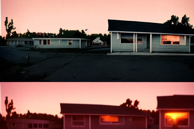 Image similar to a detailed photographic render of a 1 9 5 0 s american suburb at sunset by todd hido, photoreal, 4 k