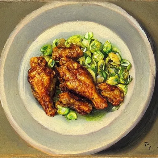 Prompt: a painting of chicken wings, rice and brussel sprouts by repin.