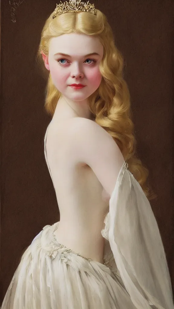 Prompt: Painting of Elle Fanning as a princess, long blonde hair, delicate, pale milky white porcelain skin, by Leyendecker and Norman Rockwell