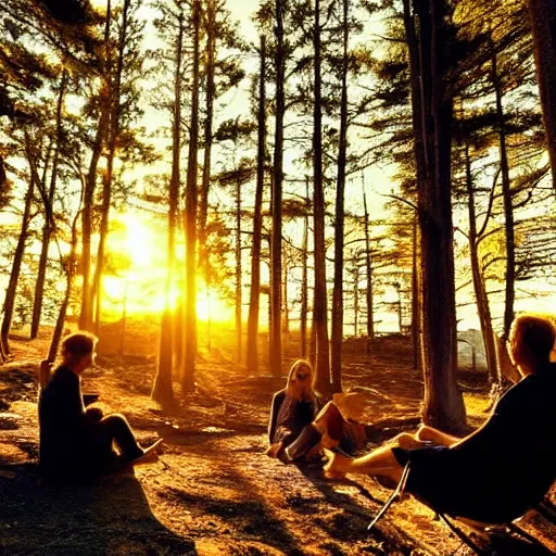 Image similar to sitting around the fire, forest, sea, highly detailed, cinematic, ray of golden sunlight