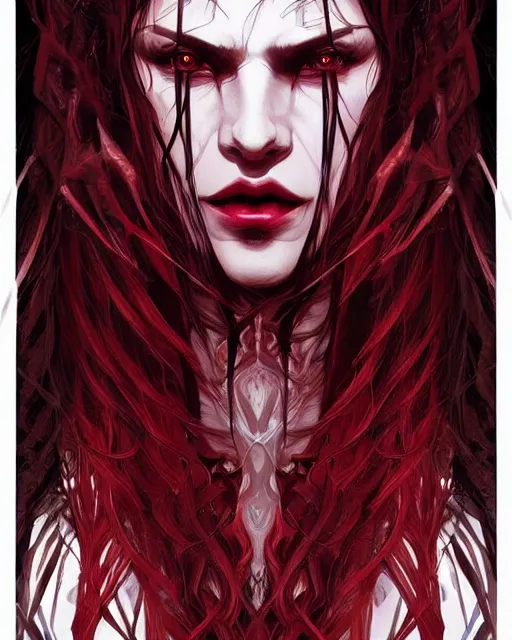 Image similar to brutal close up portrait intense vampire, flowing hair, highly detailed, very intricate, graphical errors, going gpu, art deco, chromatic aberration, harsh lighting, award - winning, unreal engine 5, illustration by mandy jurgens and alphonse mucha and yoji shinkawa, black and red only!!!, featured on artstation