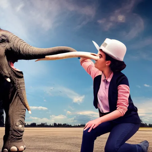 Prompt: nonbinary gen x tries to push her emotional support elephant onto an aeroplane photo