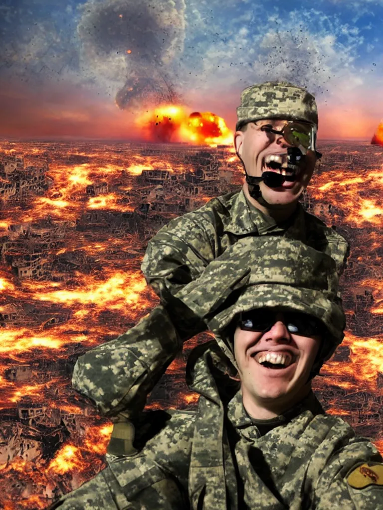 Image similar to a hysterical smiling soldier taking selfies, posing in front of bombed city, explosions in the background, close ups, war scenery, surrealism aesthetic, vivid colors, tv, noise