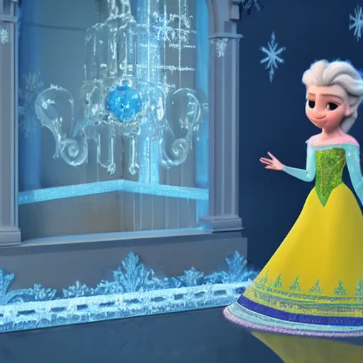 Image similar to minion as Princess Elsa from Frozen Disney, 3d ray tracing, HD, rendered, highly detailed model