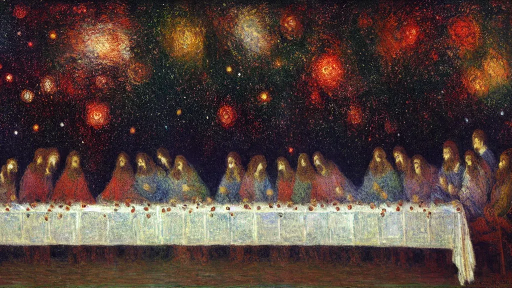 Prompt: the last supper claude monet, space, stars, nebula explosion, milky way, galaxy, galactic, digital art.