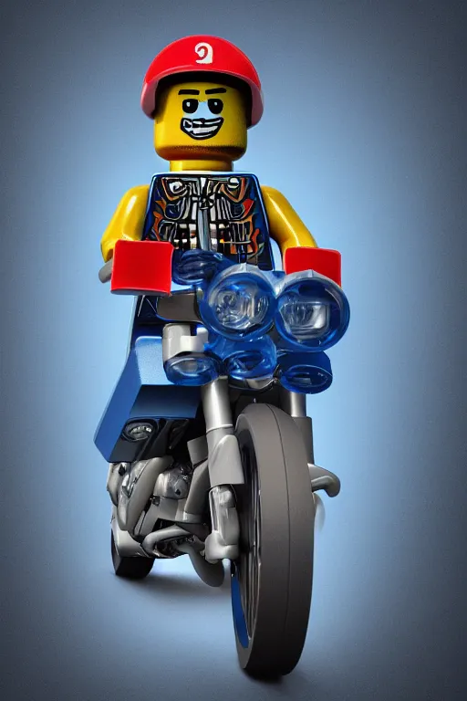 Prompt: a lego minifigure wearing a blue jean and blue shirt, he also wears a grey beanie, he is riding a red ducati panigale, 3 d octane render, artstation, concept art, smooth, sharp focus ilustration hq, octane render, hyperrealistic, aenaluck, artgerm, greg rutkowski