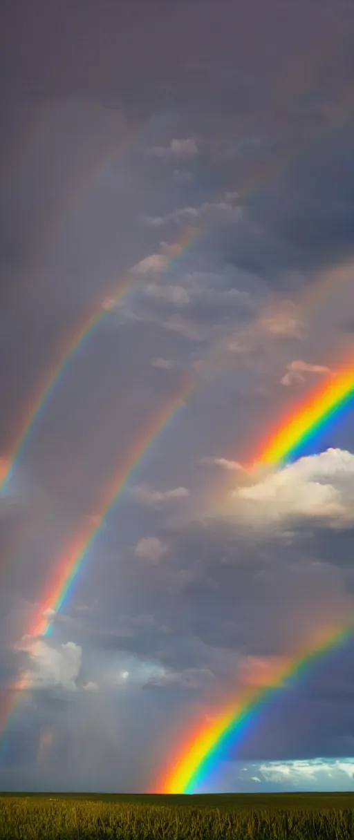 Image similar to storm filled sky with rainbow lightning, rainbow, rainbow lightning, dark clouds, open field, dark, colorful