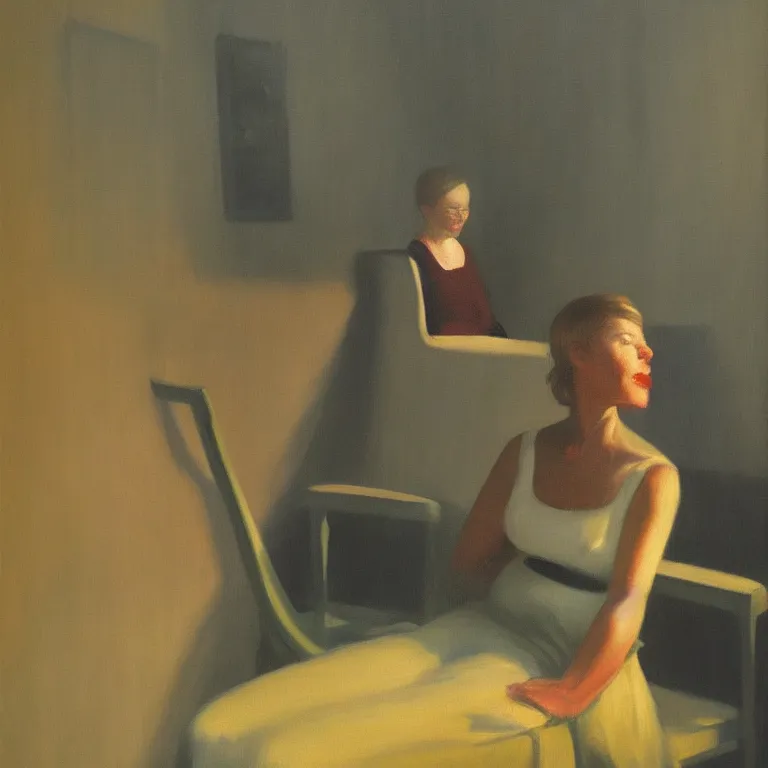 Image similar to woman sitting behind a chair, fog, early morning, , painted by Edward Hopper, painted by Wayne Barlow, airbrush