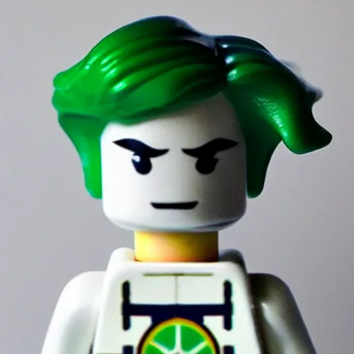 Image similar to lego sculpture of a woman astronaut with green streaks in her hair, thoughtful, elegant, real