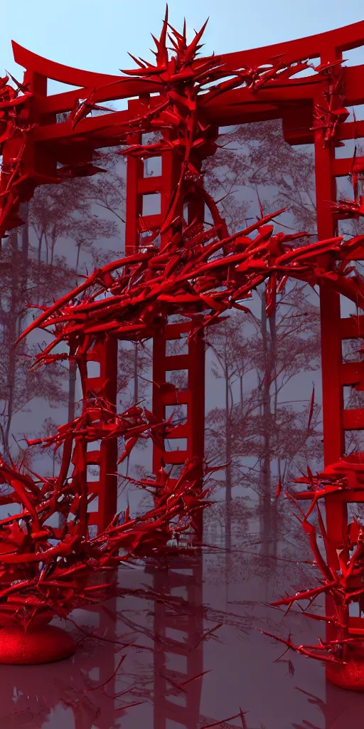 Prompt: 3 d render of a red torii gate sculpture, chrometype, made of liquid metal and marble, neotribal with thorns, japanese temple, raytraced, volumetric lightning, 8 k, by zhelong xu, ouchh and and innate studio